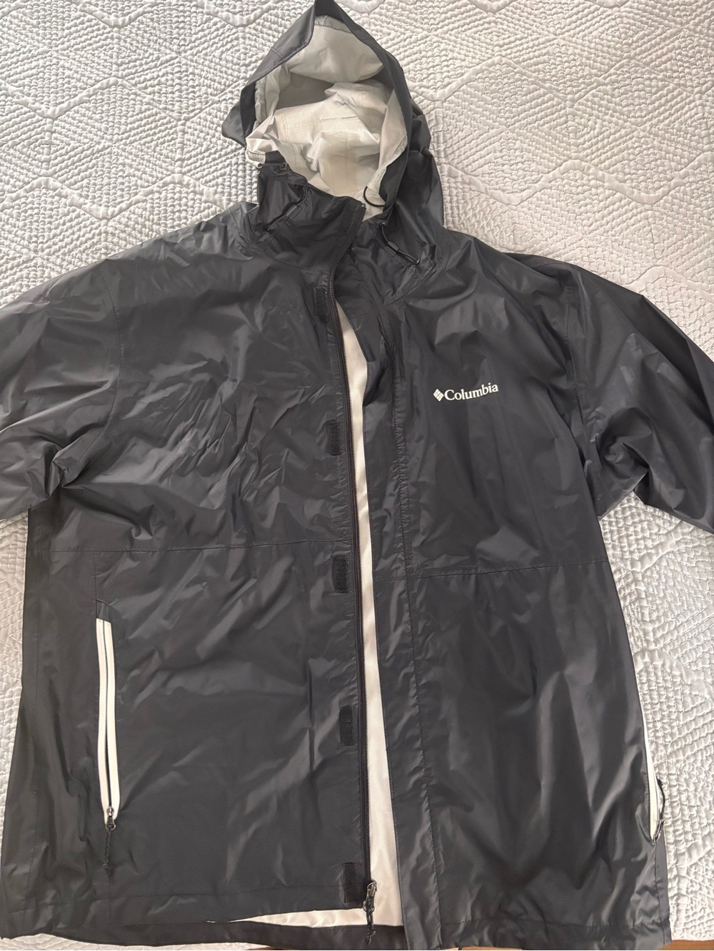 Columbia Men's Black Hooded Raincoat with White Accents